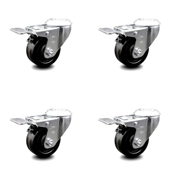 3 Inch Phenolic Wheel Swivel Bolt Hole Caster Set with Total Lock Brake SCC